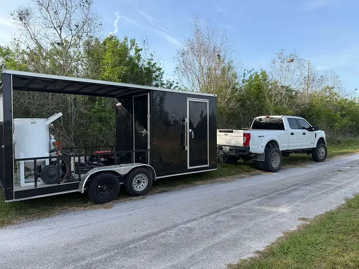 Our enclosed blast rig trailer and work truck, ready to travel anywhere in Florida
