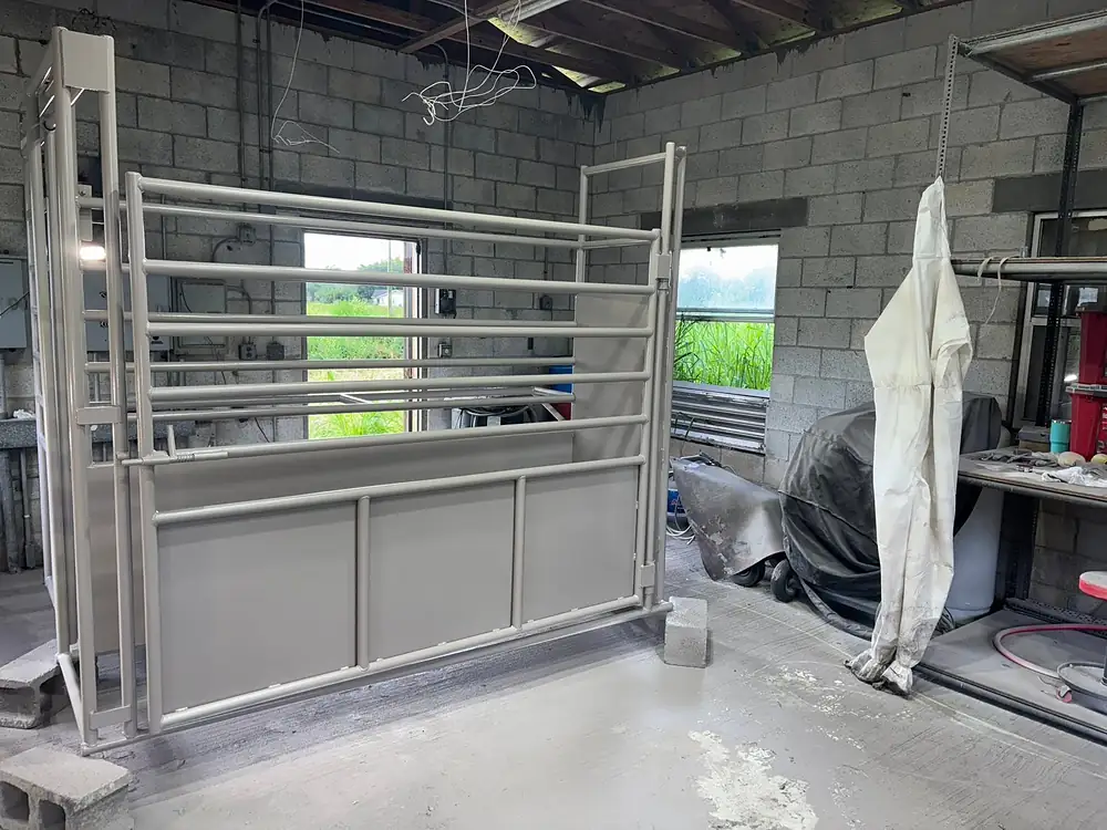 Livestock gate panels painted gray in the shop, Treasure Coast Mobile Sandblasting, Vero Beach FL