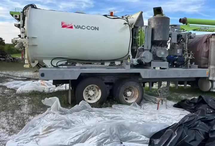 Industrial vacuum truck tank blasted and primed by our crew